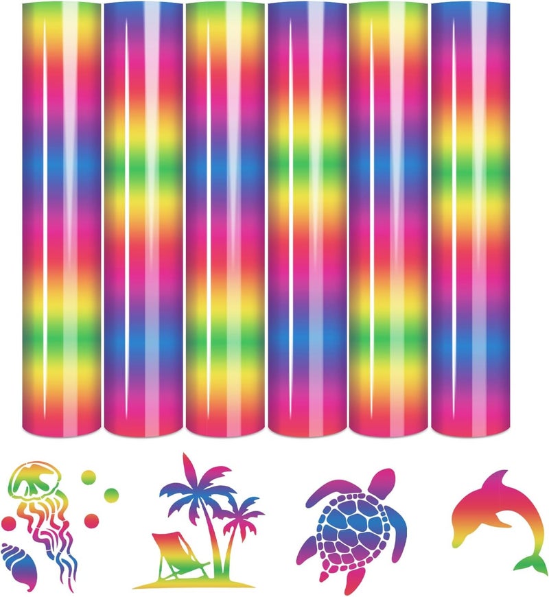 Tintnut Gradient HTV Vinyl - 6sheets 12 x 10 Inches Rainbow Ombre HTV Iron on Vinyl Gradient Heat Transfer Vinyl for T-Shirts DIY Ombre Patterned HTV Vinyl Compatible with Sillhoutte Cameo/Cricut - Image 1
